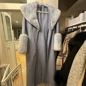 HOUSE OF HARLOW 1960  Wool Blend Faux Fur Neckline And Cuffs Ice Blue